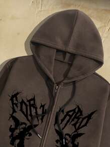 ROMWE MEN Academia Men Graphic Print Kangaroo Pocket Drawstring Thermal Hoodie - Coffee Brown - View 4