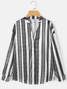 SHEIN LUNE Geometric Print Notched Neck Shirt - Black and White - View 1