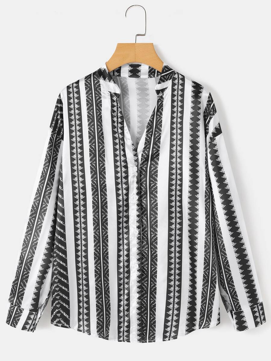 SHEIN LUNE Geometric Print Notched Neck Shirt - Black and White - View 1