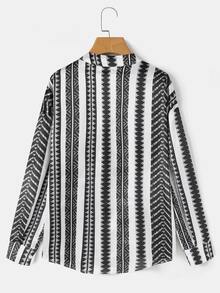 SHEIN LUNE Geometric Print Notched Neck Shirt - Black and White - View 2