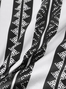 SHEIN LUNE Geometric Print Notched Neck Shirt - Black and White - View 4