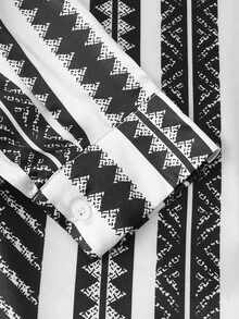 SHEIN LUNE Geometric Print Notched Neck Shirt - Black and White - View 6