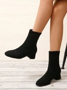 Elegant Black Plain Color Elasticity Boots With Chunky Heels & Faux Suede Upper - Black - View 1