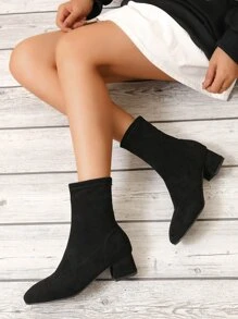 Elegant Black Plain Color Elasticity Boots With Chunky Heels & Faux Suede Upper - Black - View 2