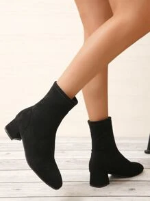 Elegant Black Plain Color Elasticity Boots With Chunky Heels & Faux Suede Upper - Black - View 3