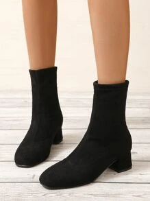 Elegant Black Plain Color Elasticity Boots With Chunky Heels & Faux Suede Upper - Black - View 4
