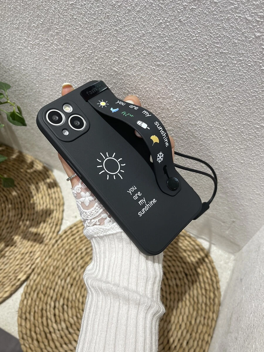 1pc Magic Cube Design Tpu Wristband Stand Case With Lanyard, Phone Protective Cover Compatible With Iphone 15, 15 Pro, 15 Plus, 15 Pro Max Compatible With IPhone15/15Plus/15Pro/15Promax,International Version, Not The Domestic Version - Black - View 1