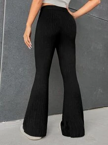 SHEIN EZwear Flare Leg Ribbed Knit Trousers - Black - View 2