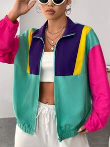 SHEIN EZwear Spring Outfit Color Block Drop Shoulder Zipper Jacket