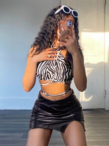 Allurite Split Hem PU Leather Skirt - Black - View 5