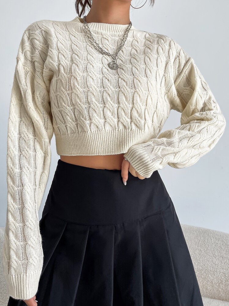 SHEIN EZwear 秋冬麻花针织落肩短款毛衣 - 米色 - 查看 2