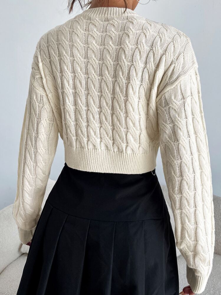 SHEIN EZwear 秋冬麻花针织落肩短款毛衣 - 米色 - 查看 3