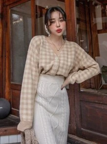 DAZY Áo len cardigan trễ vai họa tiết Gingham - Nhiều màu - Xem 8
