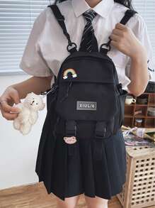 Mochila funcional de unicolor de moda para mujer, mochila de negocios casual de doble uso para portátil con colgante esponjoso, mochila escolar de múltiples bolsillos para la universidad y el trabajo, bolso de hombro para viajes al aire libre para uso diario - Negro - Ver 2