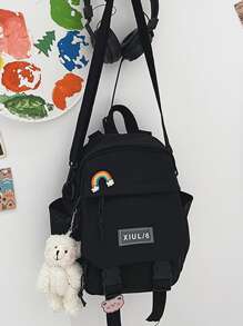 Mochila funcional de unicolor de moda para mujer, mochila de negocios casual de doble uso para portátil con colgante esponjoso, mochila escolar de múltiples bolsillos para la universidad y el trabajo, bolso de hombro para viajes al aire libre para uso diario - Negro - Ver 4