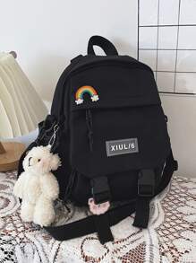 Mochila funcional de unicolor de moda para mujer, mochila de negocios casual de doble uso para portátil con colgante esponjoso, mochila escolar de múltiples bolsillos para la universidad y el trabajo, bolso de hombro para viajes al aire libre para uso diario - Negro - Ver 5