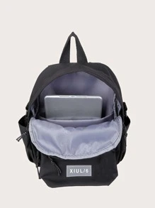 Mochila funcional de unicolor de moda para mujer, mochila de negocios casual de doble uso para portátil con colgante esponjoso, mochila escolar de múltiples bolsillos para la universidad y el trabajo, bolso de hombro para viajes al aire libre para uso diario - Negro - Ver 6