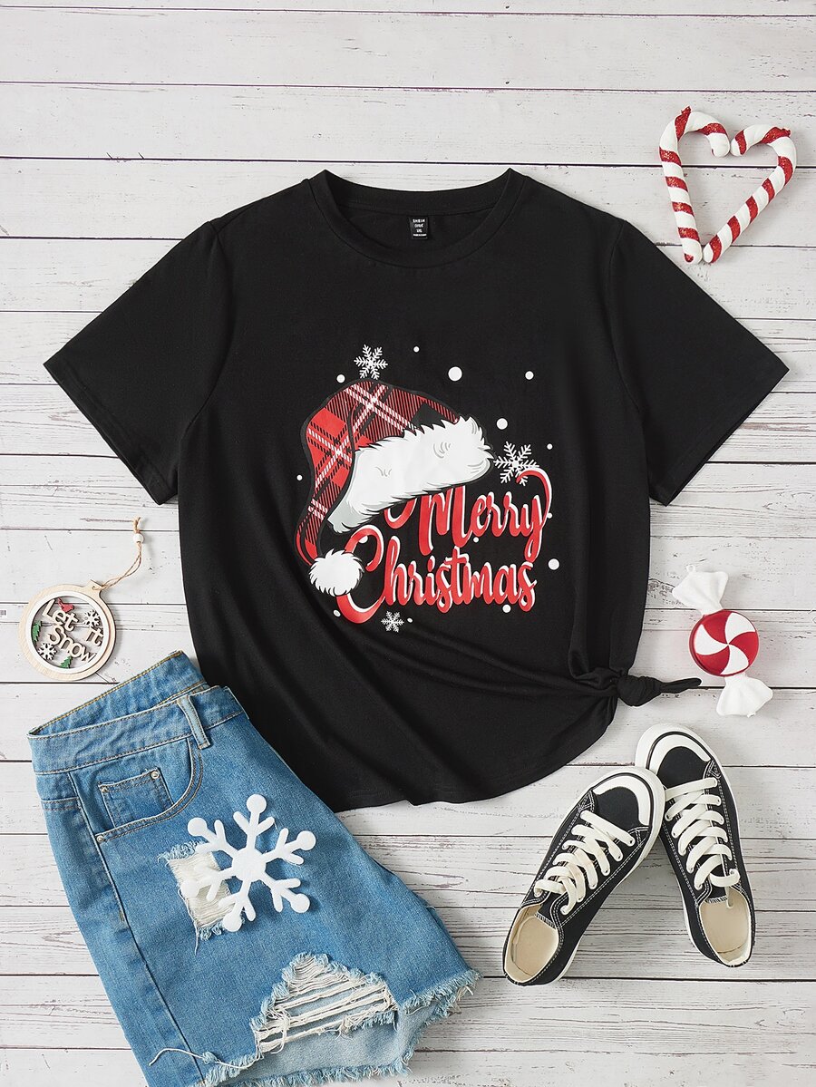 Plus Christmas Print Tee - Black - View 1