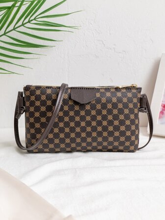 新品到貨圖案女士斜挎包帶大容量,棕色和拼接顏色,適用於大手機和硬幣