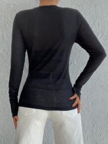 EURMUSE Solid Rib Knit Split Cuff Tee - Black - View 2