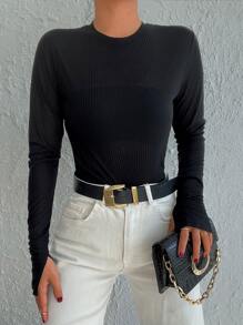 EURMUSE Solid Rib Knit Split Cuff Tee - Black - View 3