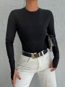 EURMUSE Solid Rib Knit Split Cuff Tee - Black - View 4