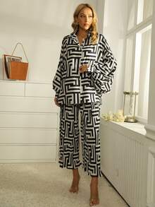 Bộ đồ hai mảnh nữ Nút phía trước Hình học Giải trí - Đen và trắng - Xem 3