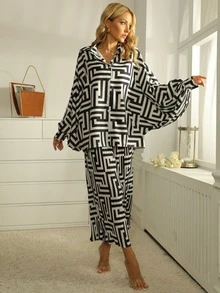 Bộ đồ hai mảnh nữ Nút phía trước Hình học Giải trí - Đen và trắng - Xem 6