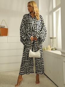 Bộ đồ hai mảnh nữ Nút phía trước Hình học Giải trí - Đen và trắng - Xem 7