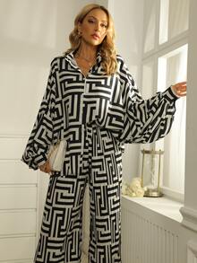 Bộ đồ hai mảnh nữ Nút phía trước Hình học Giải trí - Đen và trắng - Xem 8