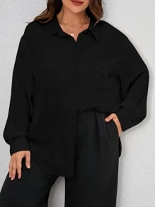 SHEIN LUNE Camisa unicolor de hombros caídos - Negro - Ver 1