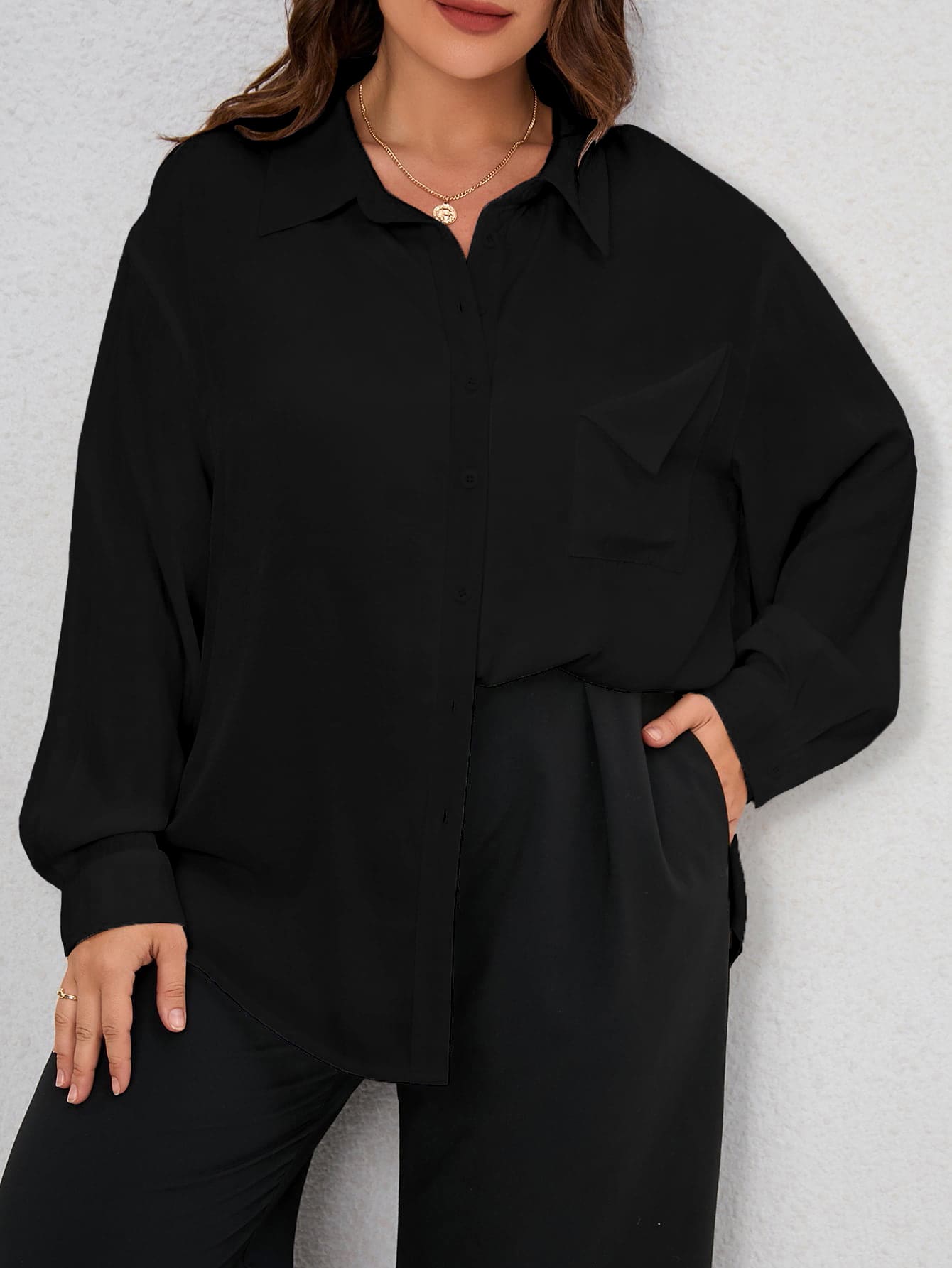 SHEIN LUNE Camisa unicolor de hombros caídos - Negro - Ver 1