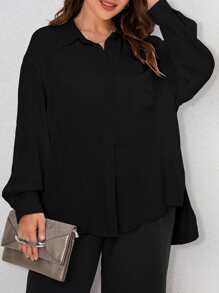 SHEIN LUNE Camisa unicolor de hombros caídos - Negro - Ver 3