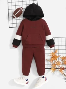 SHEIN 嬰兒字母圖案袋鼠口袋連帽衫和運動褲 - 紫紅色 - 查看 1