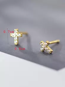 Cubic Zirconia Cross Design Stud Earrings - Yellow Gold - View 4