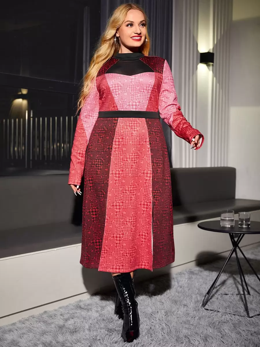 Dash of Pep Plus Colour Block Mock Neck Dress - Multicolor - View 1