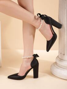 Zapatos de tacón con tira de tobillo de satén, decorados con perlas falsas y lazos, elegantes, para el otoño/invierno 2025, Día de San Valentín