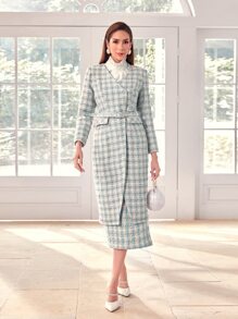 Modelyn 格紋印花翻蓋細節腰帶花呢外套 - 藍白色 - 查看 1