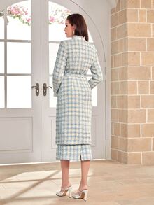 Modelyn 格紋印花翻蓋細節腰帶花呢外套 - 藍白色 - 查看 2