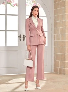 Modelyn Lapel Neck Blazer & Seam Front Pants - Dusty Pink - View 1