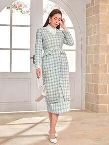 Modelyn 格紋印花翻蓋細節腰帶花呢外套 - 藍白色 - 查看 4