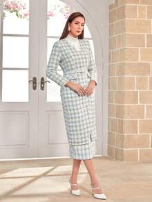 Modelyn 格紋印花翻蓋細節腰帶花呢外套 - 藍白色 - 查看 5