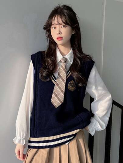 Honeyspot パッチ ストライプトリム ケーブルニット ベスト