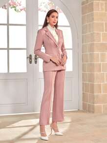 Modelyn Lapel Neck Blazer & Seam Front Pants - Dusty Pink - View 4