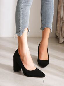 Faux Suede Point Toe Court Pumps - Black - View 1