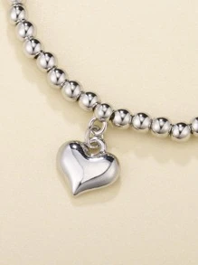 Heart Charm Beaded Bracelet Valentines - Silver - View 3