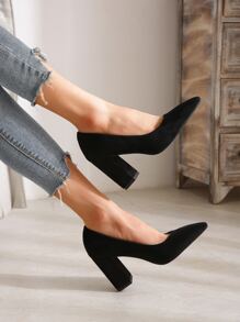 Faux Suede Point Toe Court Pumps - Black - View 5