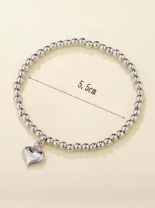 Heart Charm Beaded Bracelet Valentines - Silver - View 4