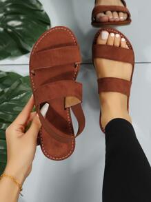 Minimalist Stitch Detail Slingback Sandals - Brown - View 1