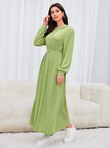 Mulvari Drop Shoulder Drawstring Hooded Sweatshirt Dress - Lime Green - View 3